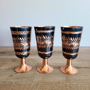 Set of 3 decorative etched/engraved copper wine goblets. Vintage copper barware.